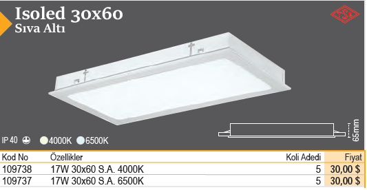 17W 30x60 Sıva Altı 4000K İsoled Back Light Panel